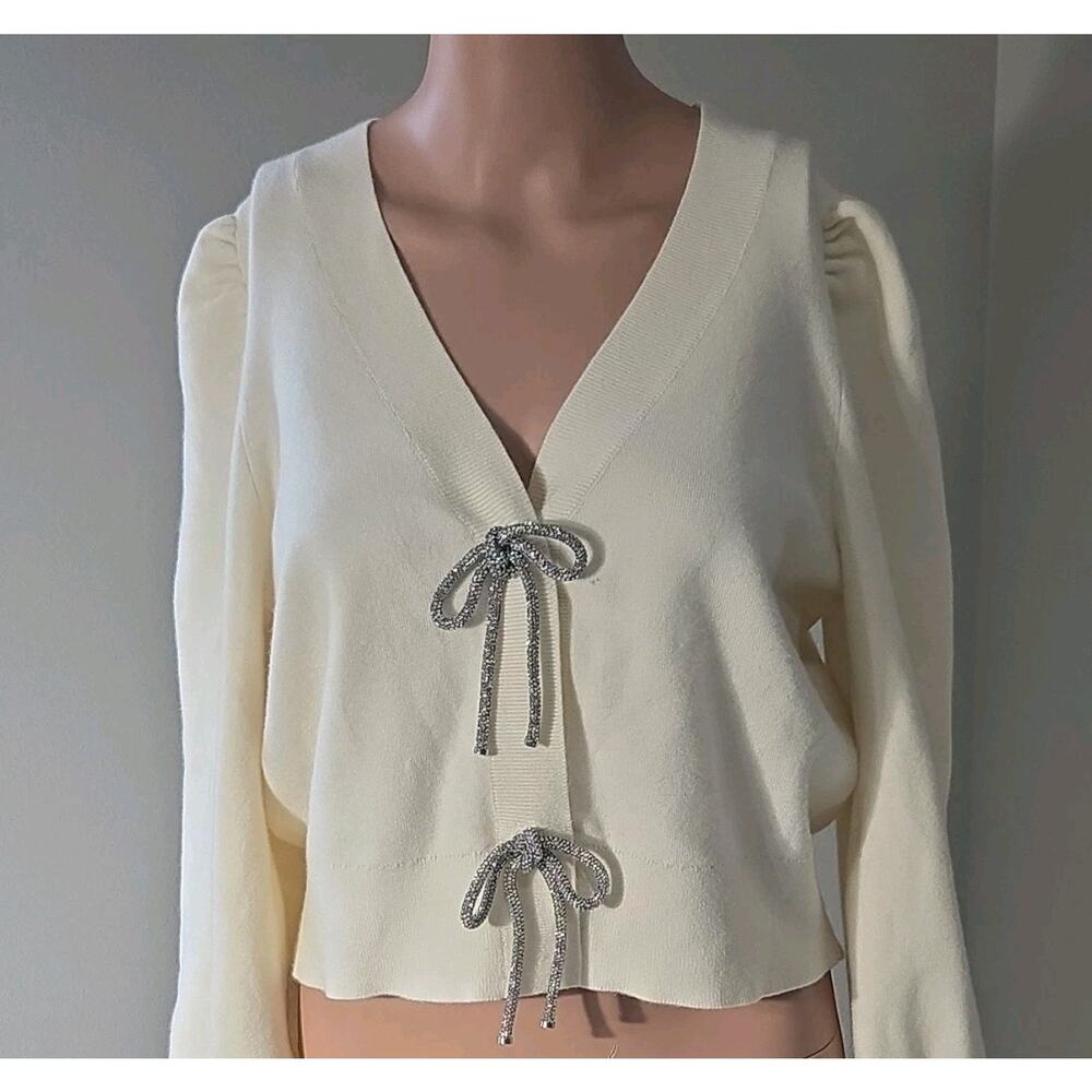 Express Cardigan Sweater Ivory Bow Accents Ribbed V-Neck Puff Long Sleeve M